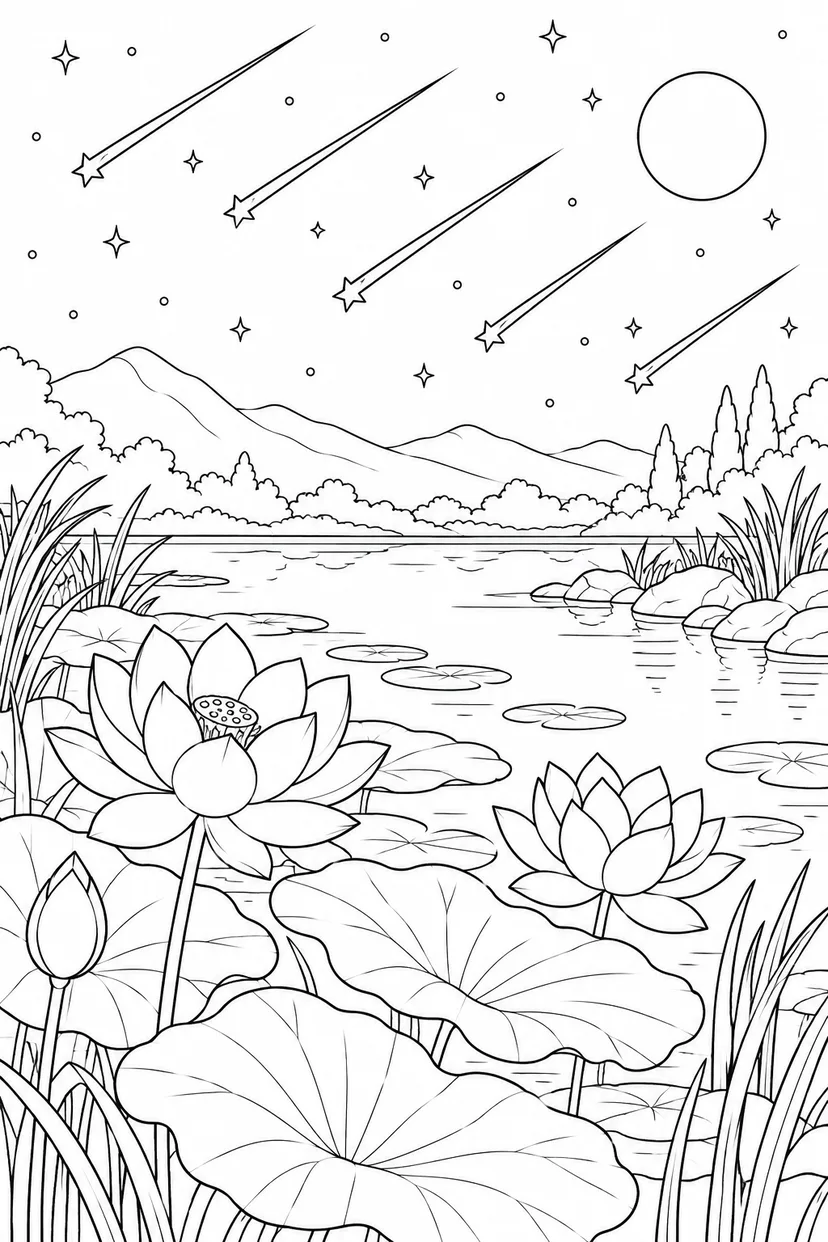 蓮の葉の池と流星群の塗り絵
