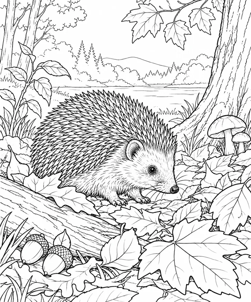 自然のひとこま：ハリネズミと落ち葉の塗り絵