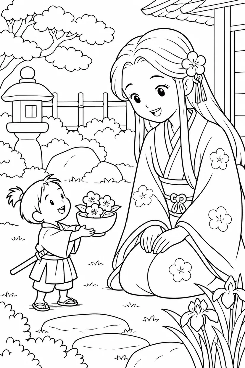 一寸法師・お椀いっぱいの花の贈りものの塗り絵
