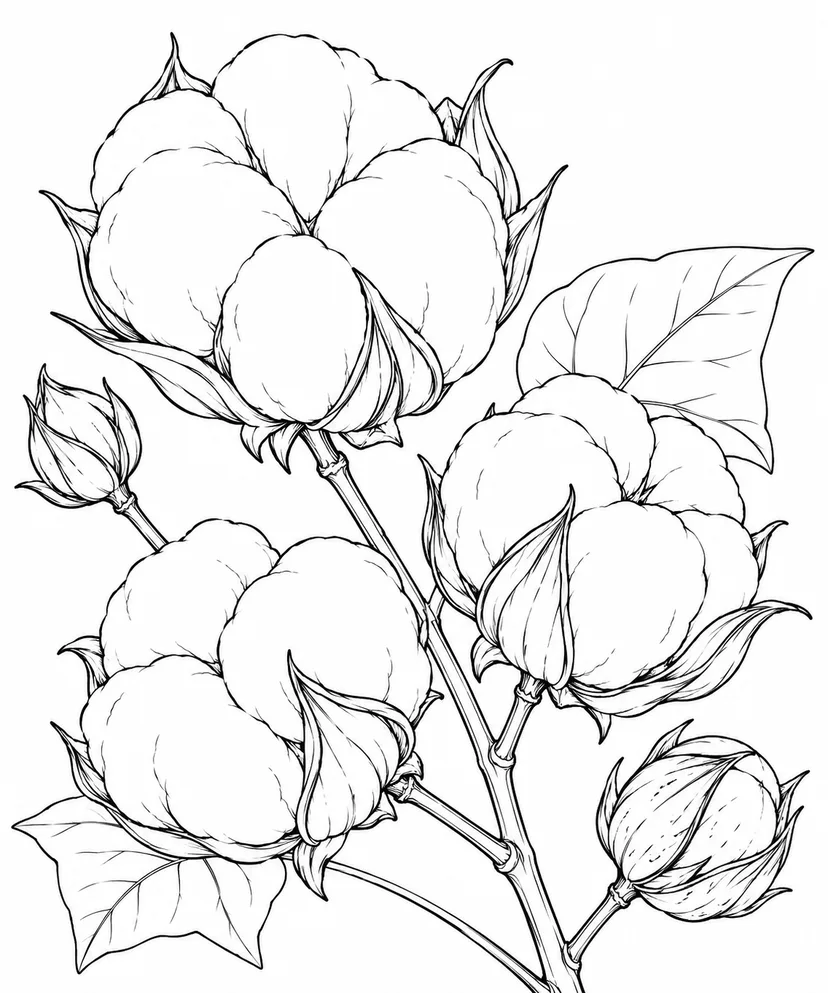 観察スケッチ：綿の実と開いた殻の塗り絵