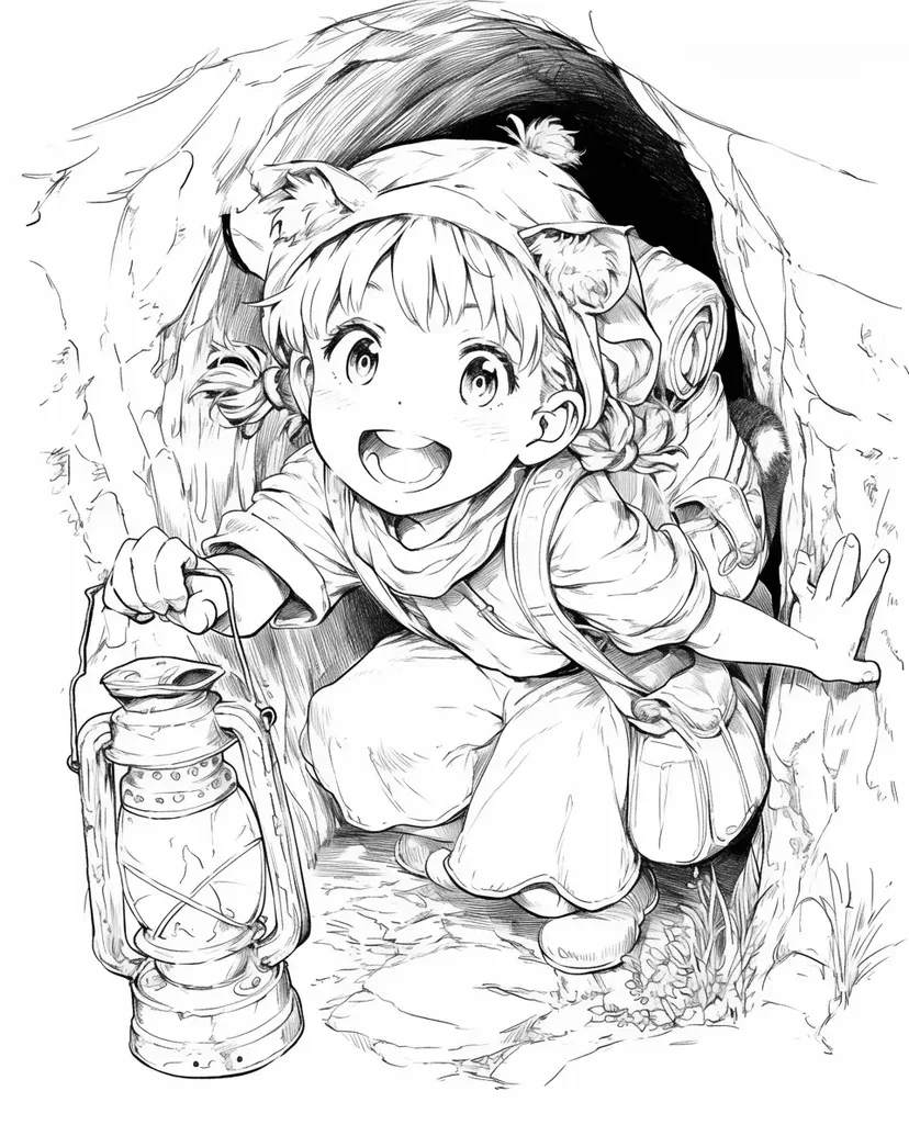 Coloriage Fille Aventurière Explorant une Grotte