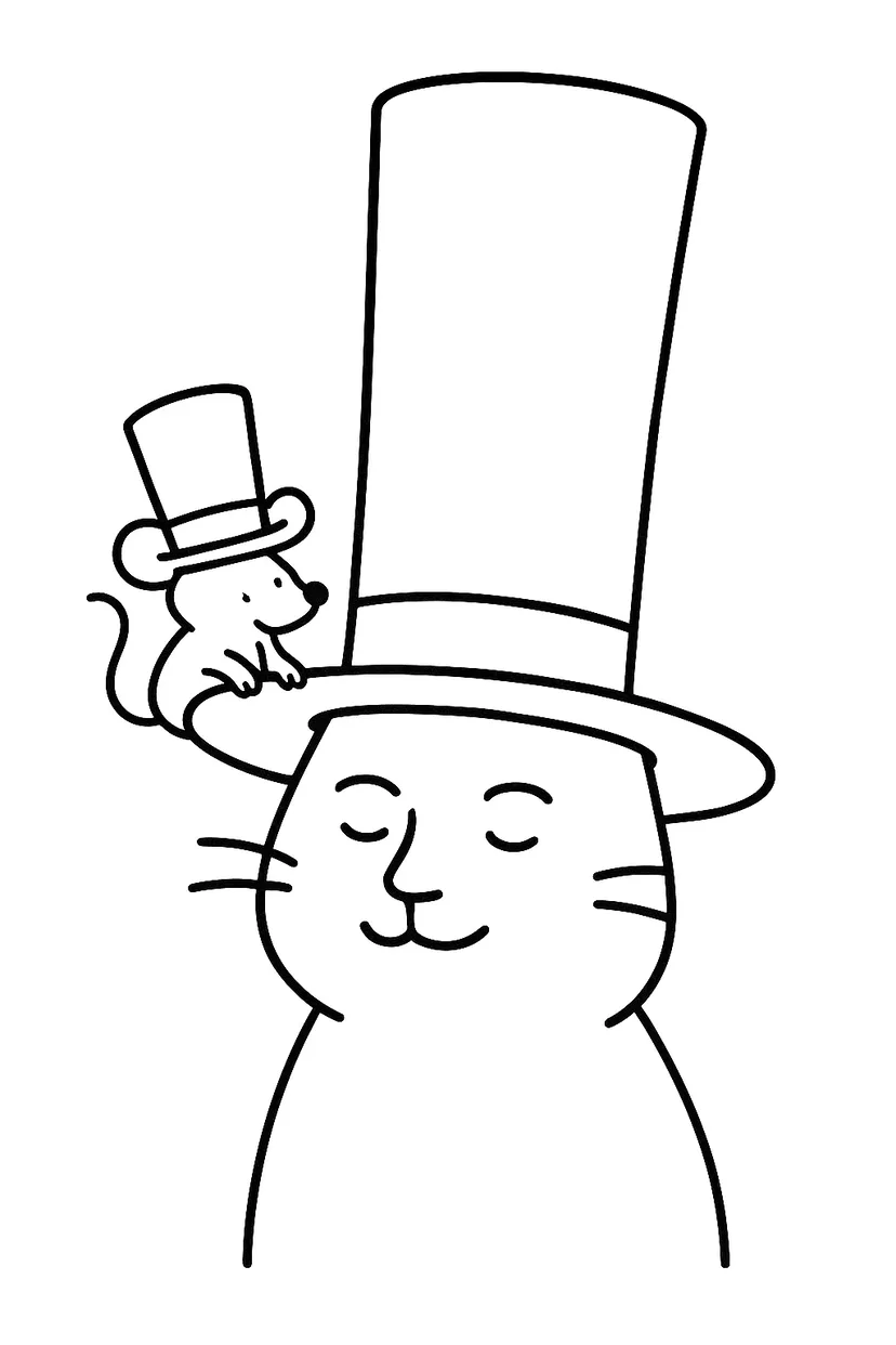 Dibujo de Gato y Ratón con Sombreros Altos para colorear