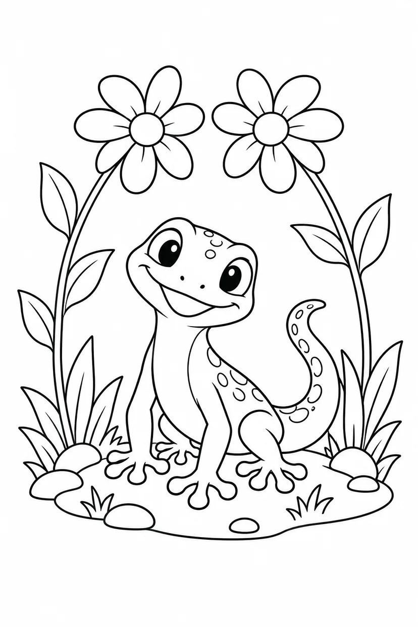 ヤモリと花のトンネルの塗り絵