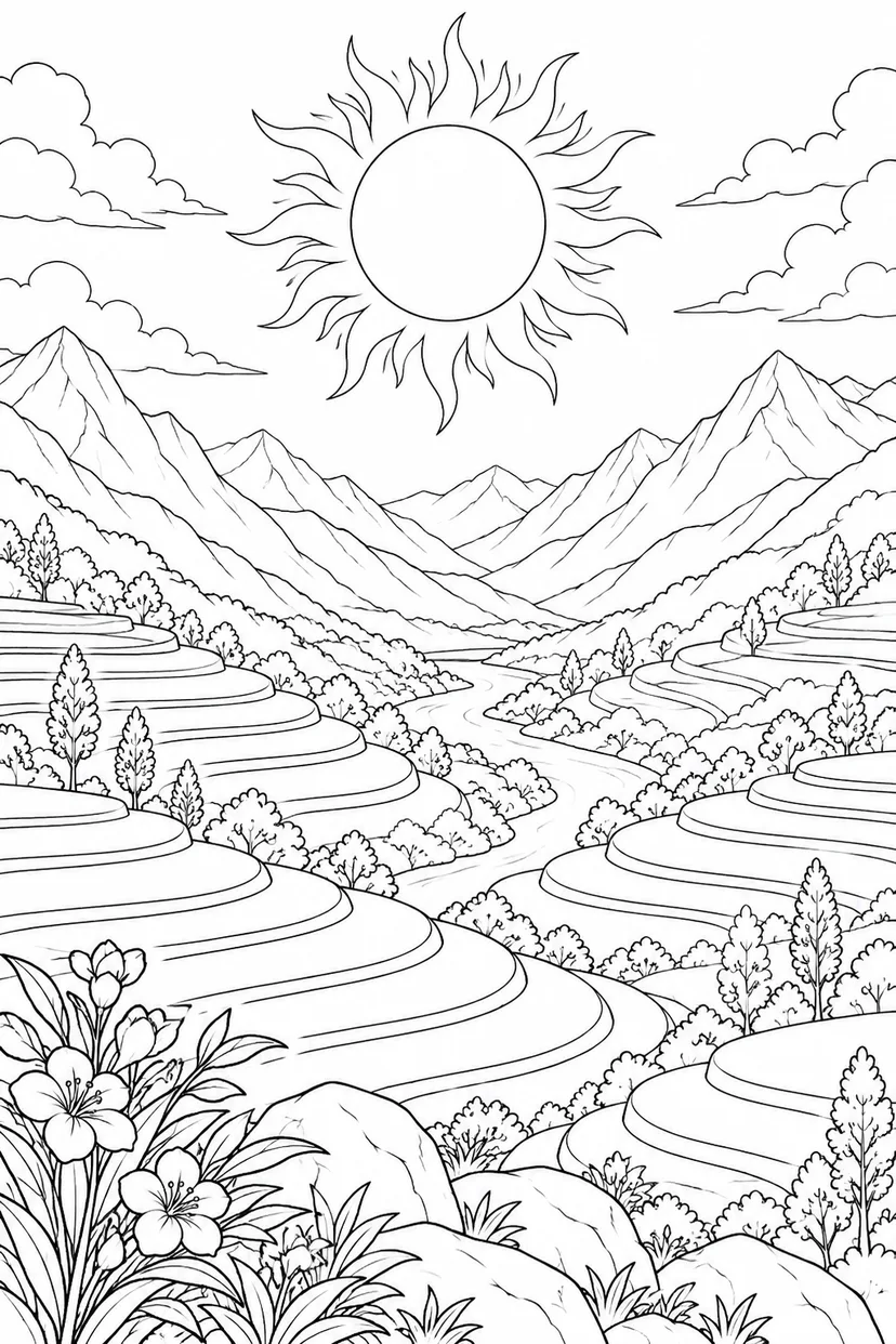 段々畑の谷と日食の光の輪の塗り絵