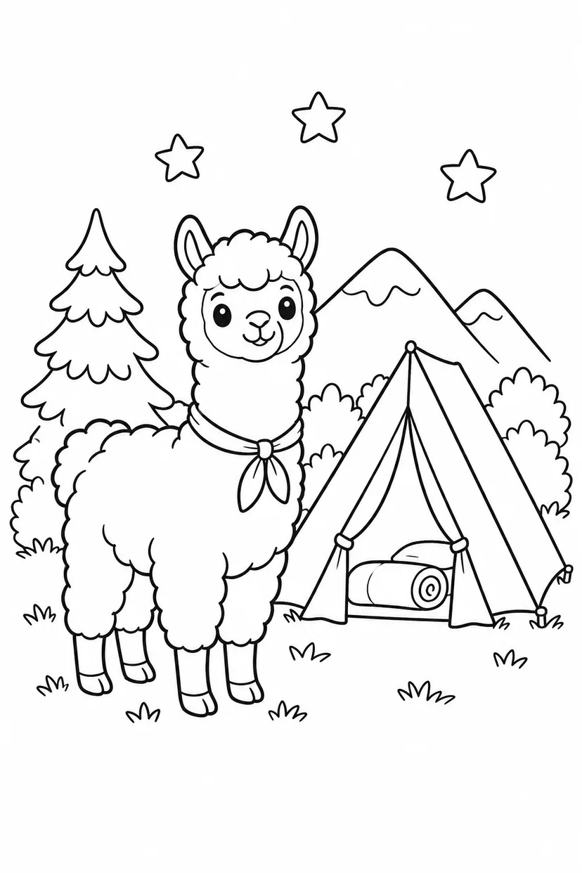 アルパカの星空キャンプの塗り絵