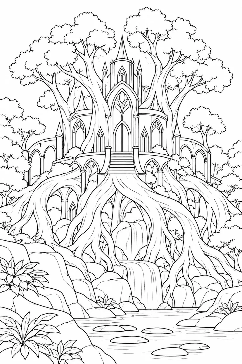 森の神殿を支える木の根の塗り絵