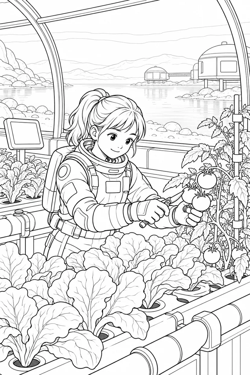 タイタンの湖畔基地：野菜を育てる温室の塗り絵