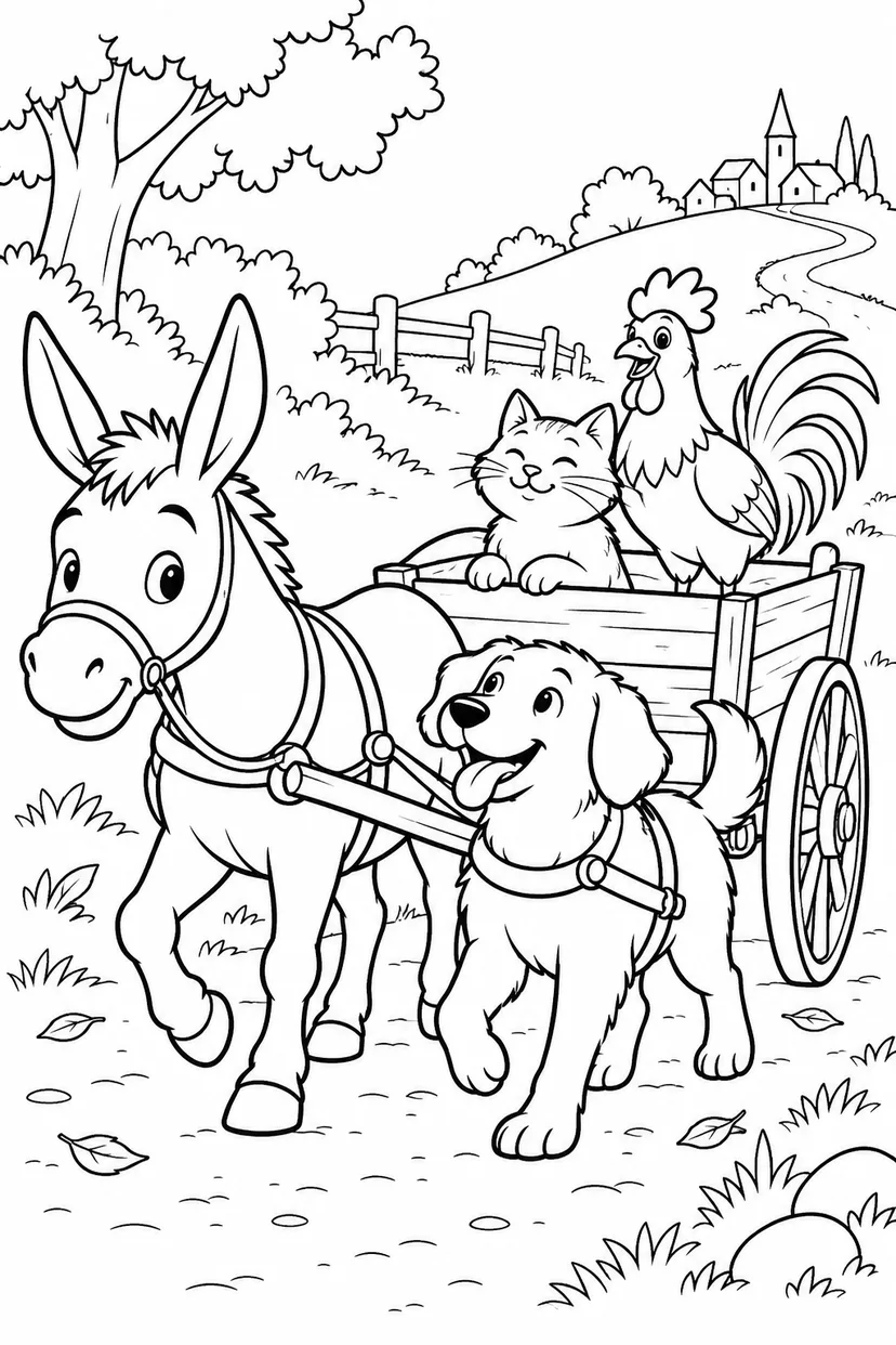ブレーメンの音楽隊：小さな荷車でゆっくりおでかけの塗り絵