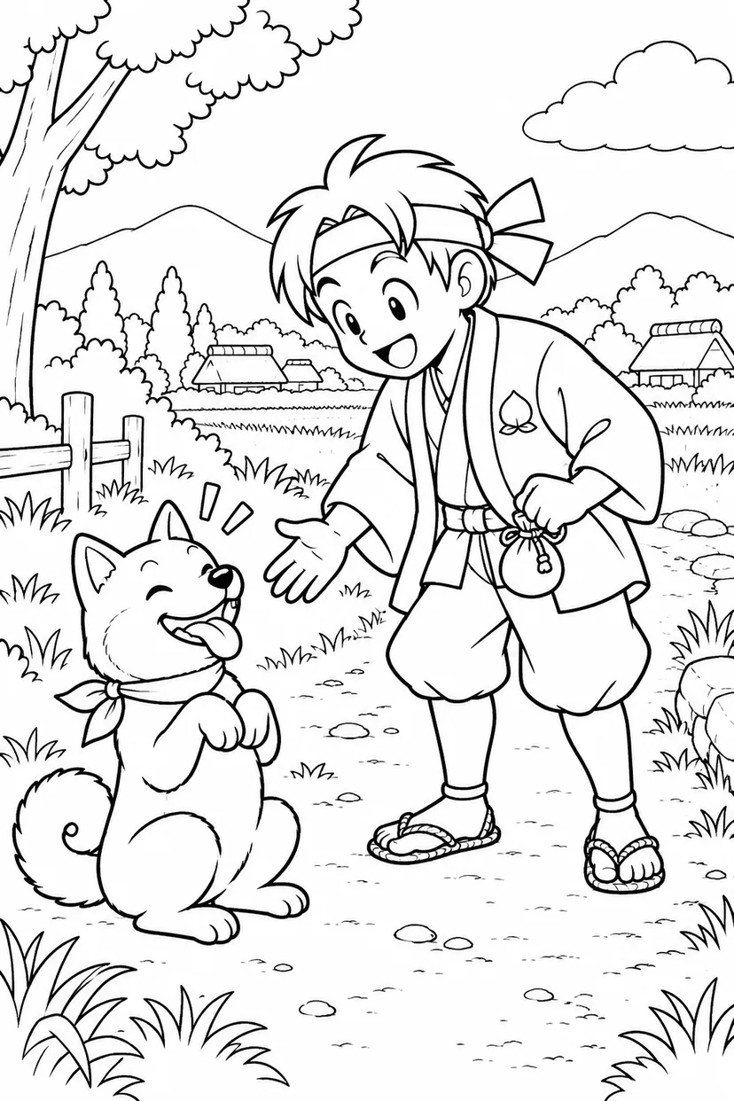 ギャグ桃太郎：桃太郎と犬の出会いの塗り絵