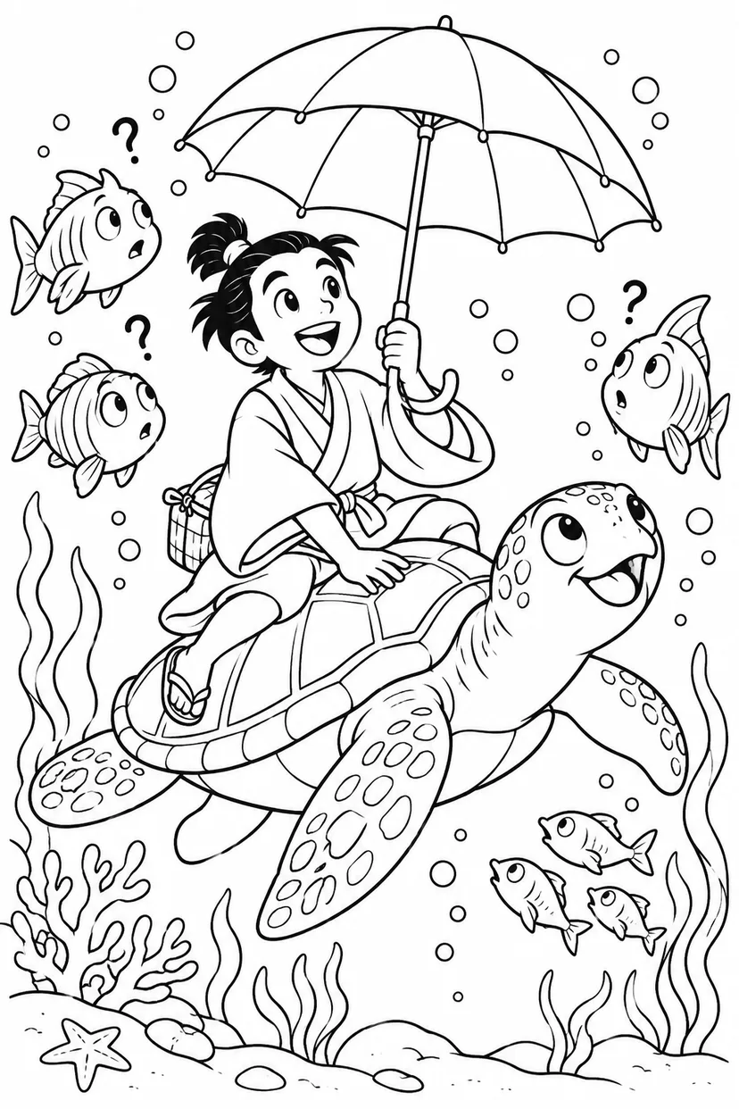 浦島太郎：海の中でも傘がいる？（ギャグ）の塗り絵