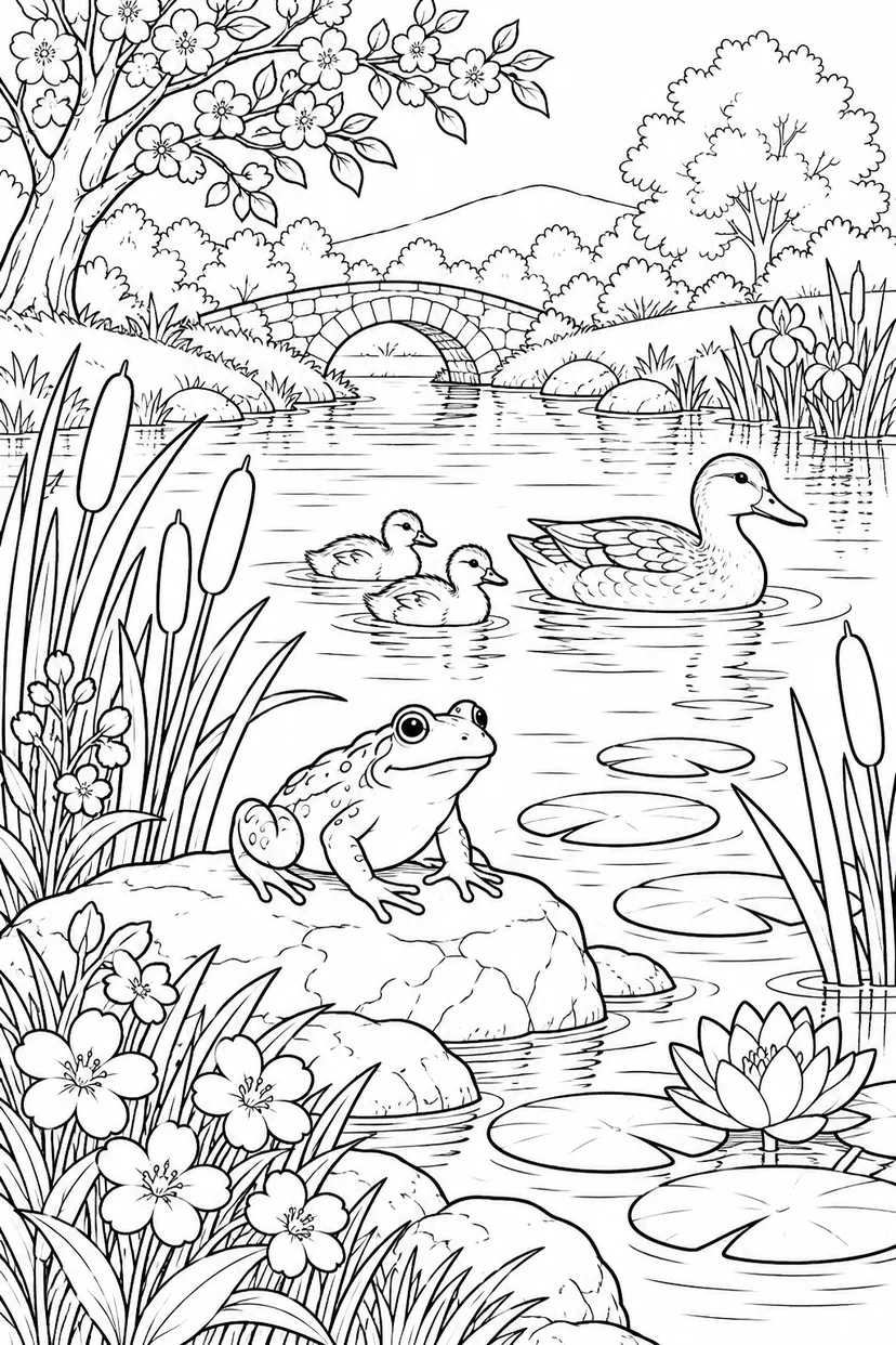 春の池のほとりの生きものの塗り絵