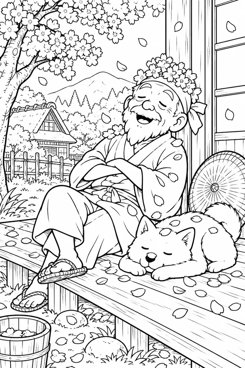 はなさかおじさん：うたた寝したら花びら王冠（ギャグ）の塗り絵