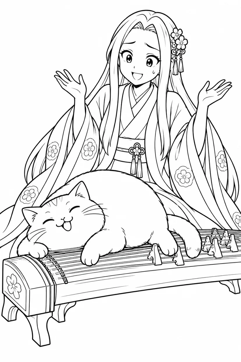 かぐや姫のお琴に猫がごろんの塗り絵