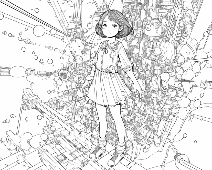 機械の世界と少女の塗り絵