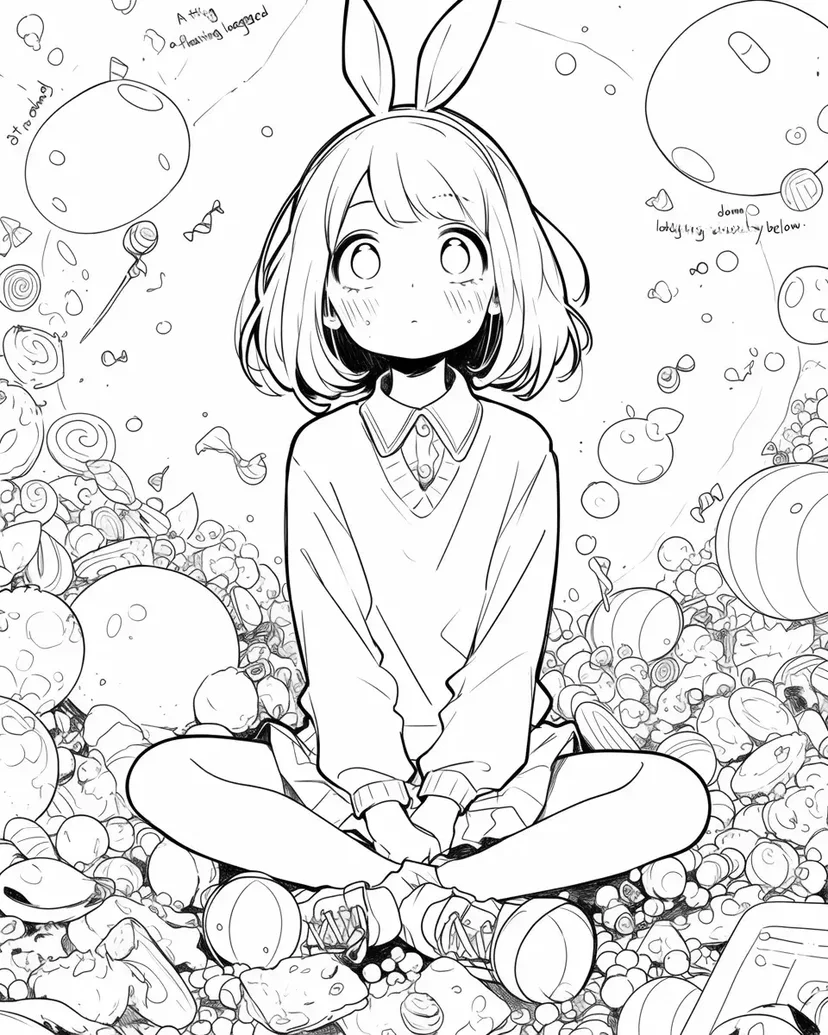 Desenho de Menina Sentada em um Mar de Doces para colorir
