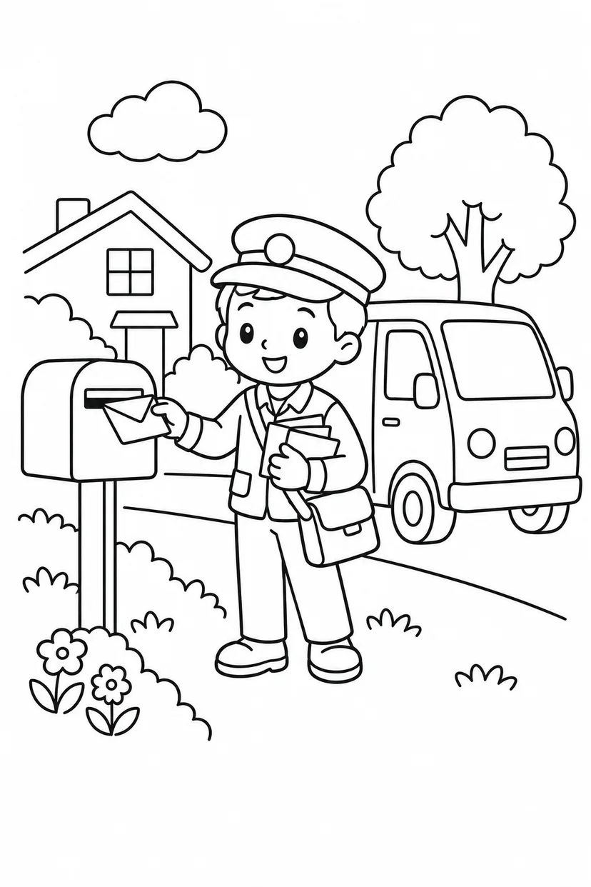 郵便配達車と郵便受けの塗り絵