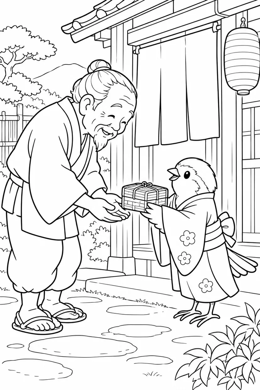 したきりすずめ：小さなつづらをありがとうの塗り絵
