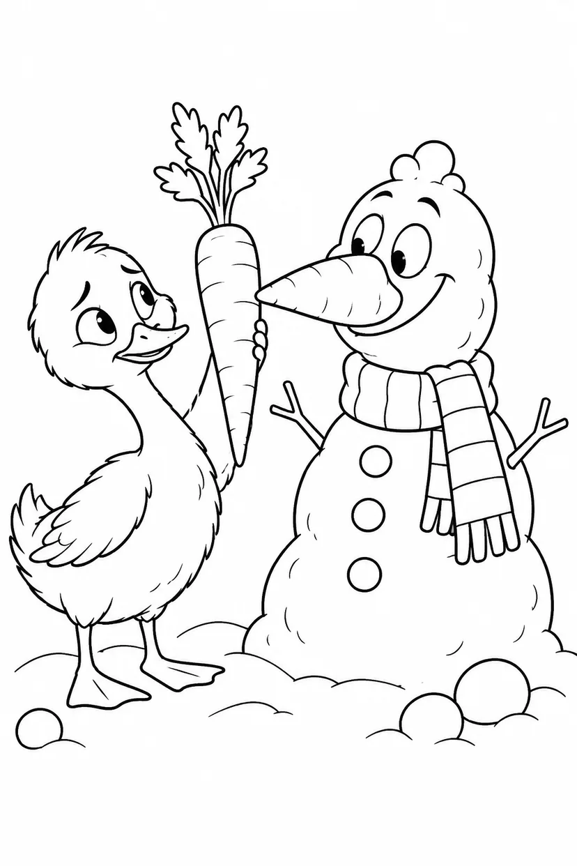 醜いアヒルの子：雪だるまのくちばしを借りたいの塗り絵