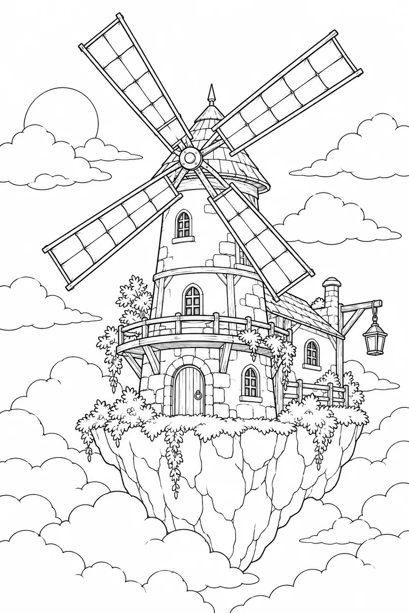 雲の上に浮かぶ古い風車の塗り絵