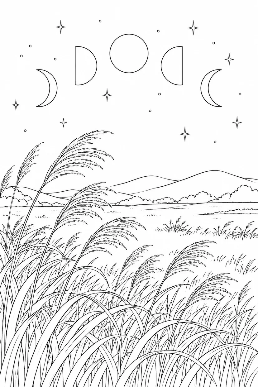 ススキの草原と月の満ち欠けの塗り絵