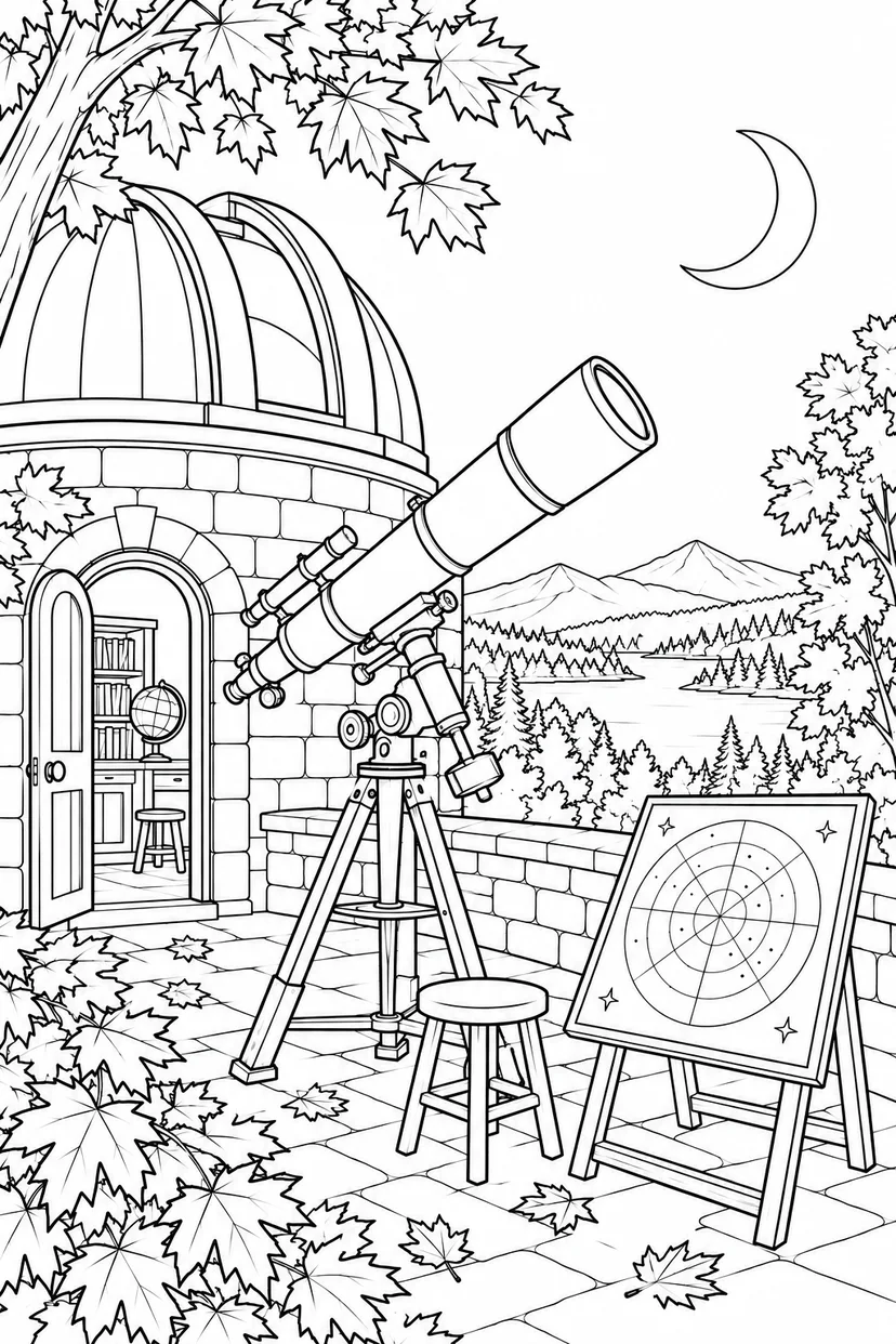 秋の天文台と星の観察の塗り絵