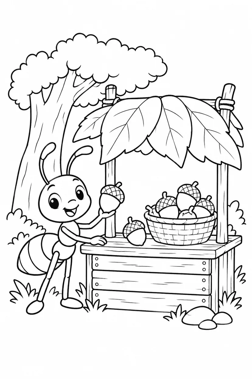 アリとどんぐりの屋台の塗り絵