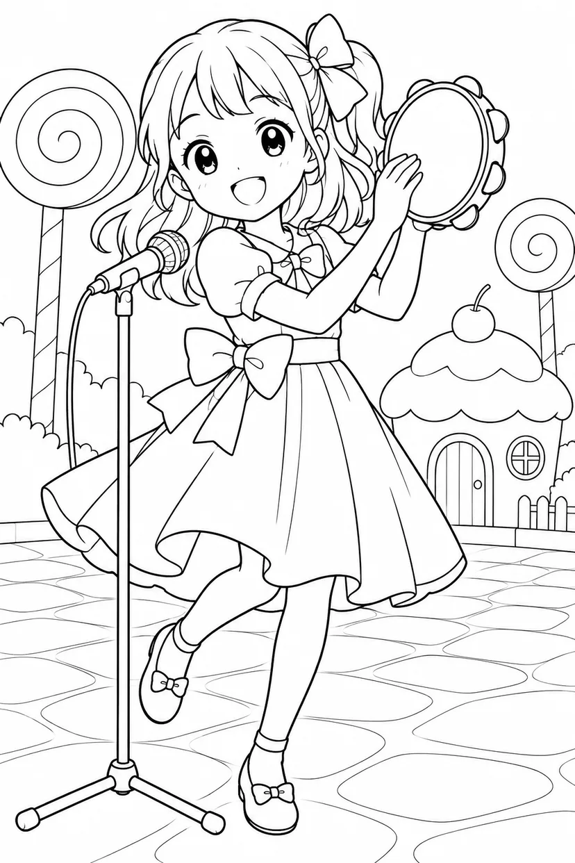 タンバリンで歌うアイドル — お菓子の村の塗り絵