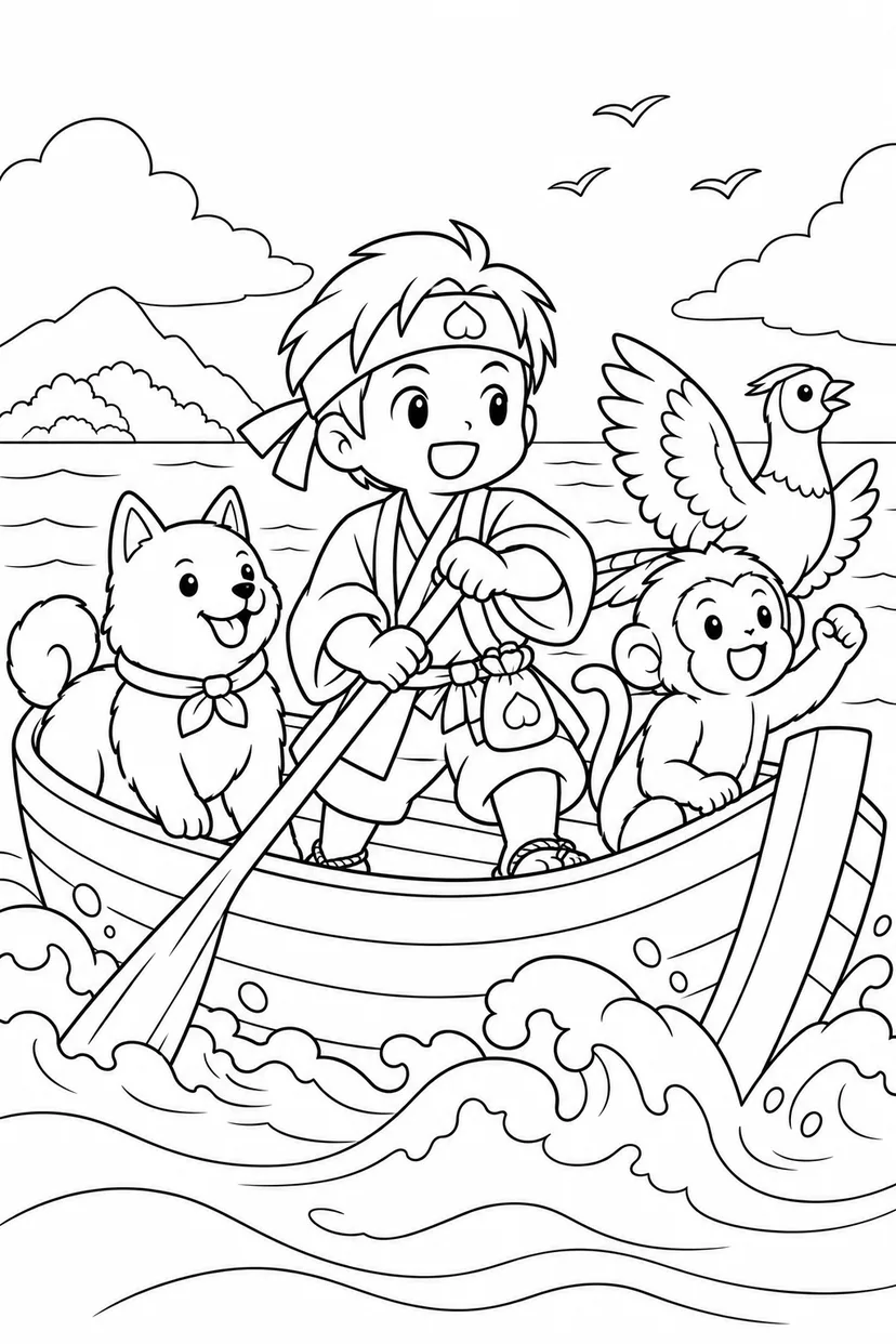 ほっこり桃太郎：桃太郎一行と波を越える舟の塗り絵
