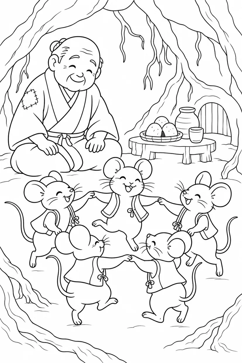 おむすびころりん・ほっこり：ねずみの歓迎の踊りの塗り絵