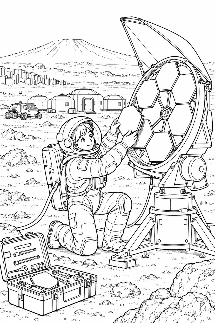 火星の火山平原基地：組み立て中の望遠鏡の塗り絵