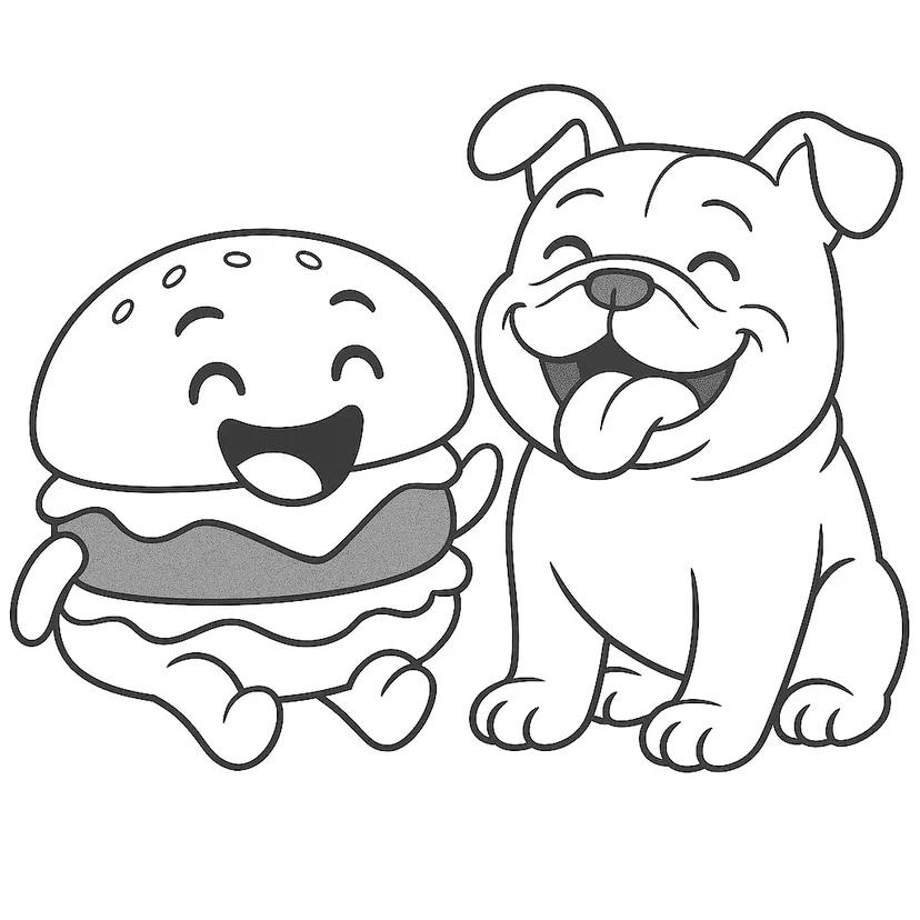 Dibujo de Tiempo Divertido con una Hamburguesa y un Perro para colorear