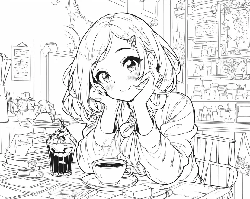 在咖啡馆放松的女孩涂色页