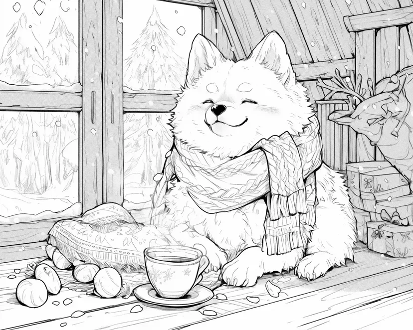 冬のぬくぬく犬の塗り絵