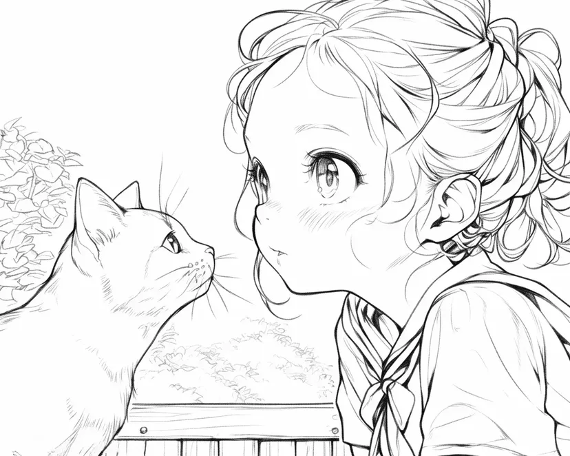 Desenho de O Encontro de uma Menina e um Gato para colorir