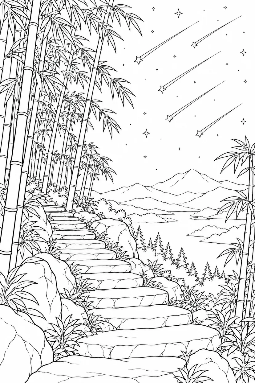 竹林の石段と流星群の塗り絵