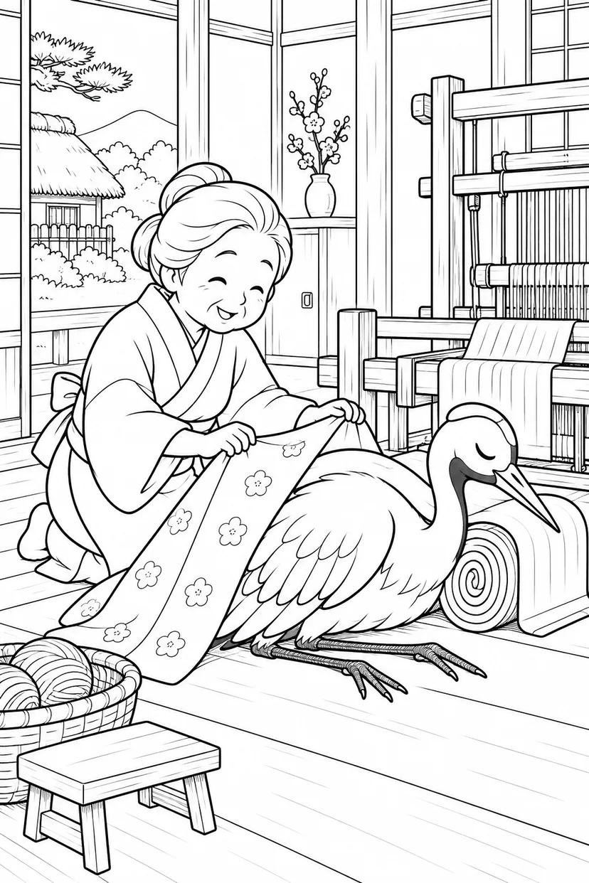 つるの恩返し：反物まくらでひとやすみの塗り絵