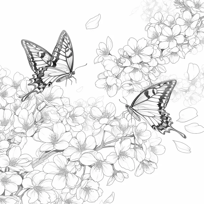 春の蝶々と花の塗り絵