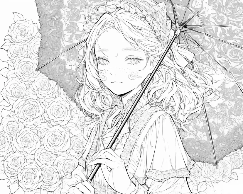 薔薇と傘の少女の塗り絵
