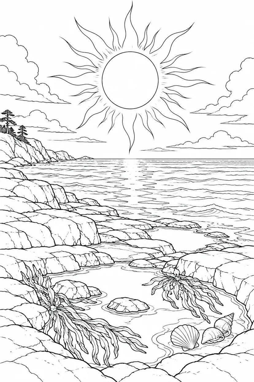 潮だまりの岩礁と日食の光の輪の塗り絵