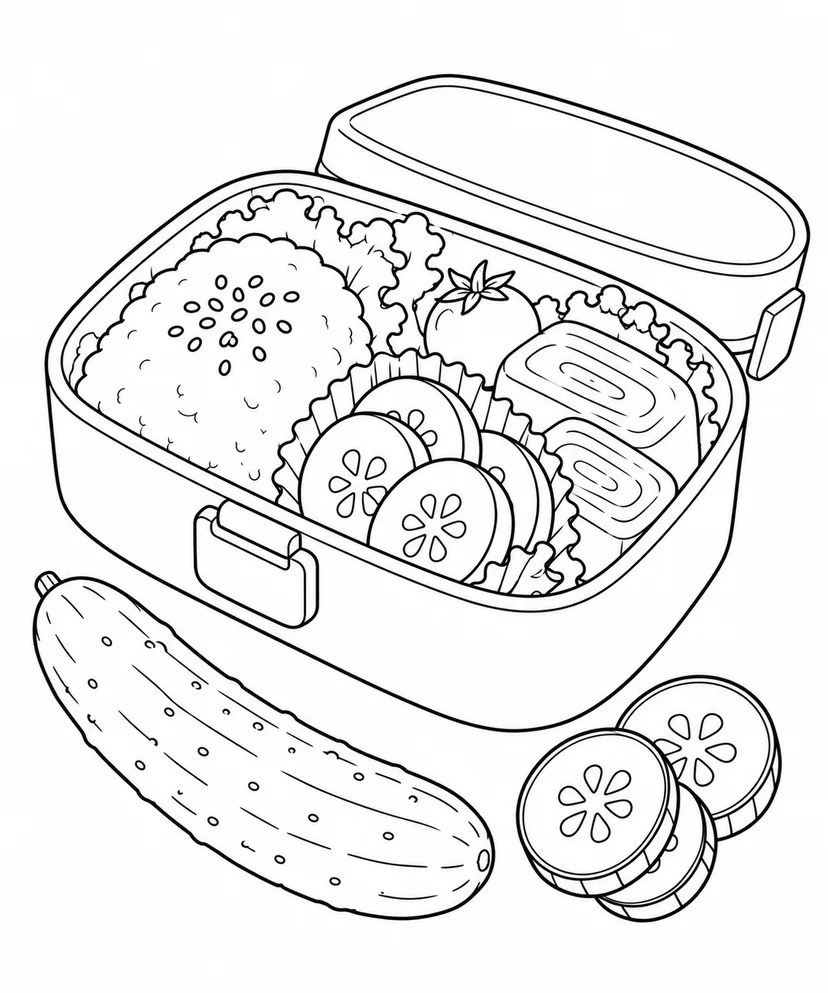 Desenho de Pepinos e uma lancheira de verão para colorir