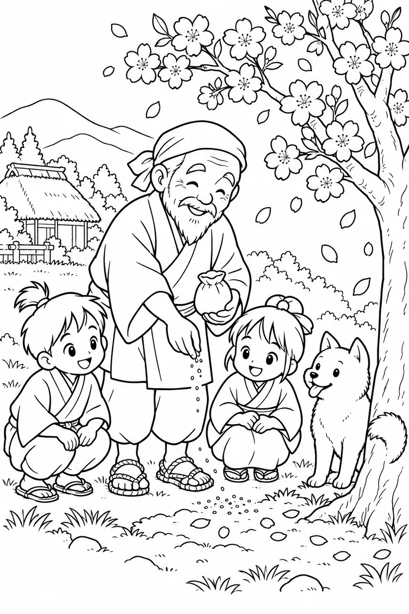 はなさかおじさん：子どもたちに教える花咲かせ（ほっこり）の塗り絵