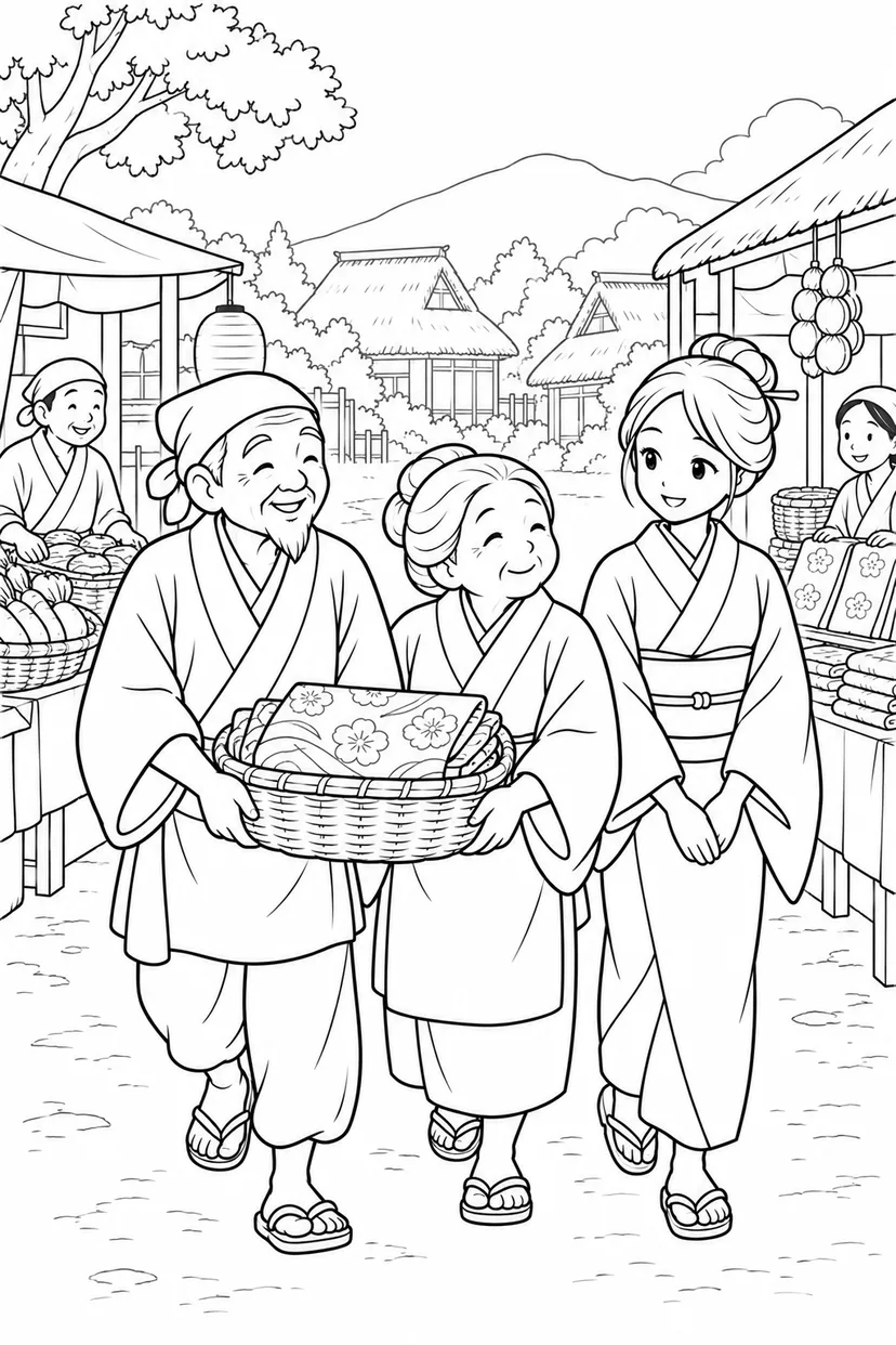 つるの恩返し：反物をかごに入れて町への塗り絵