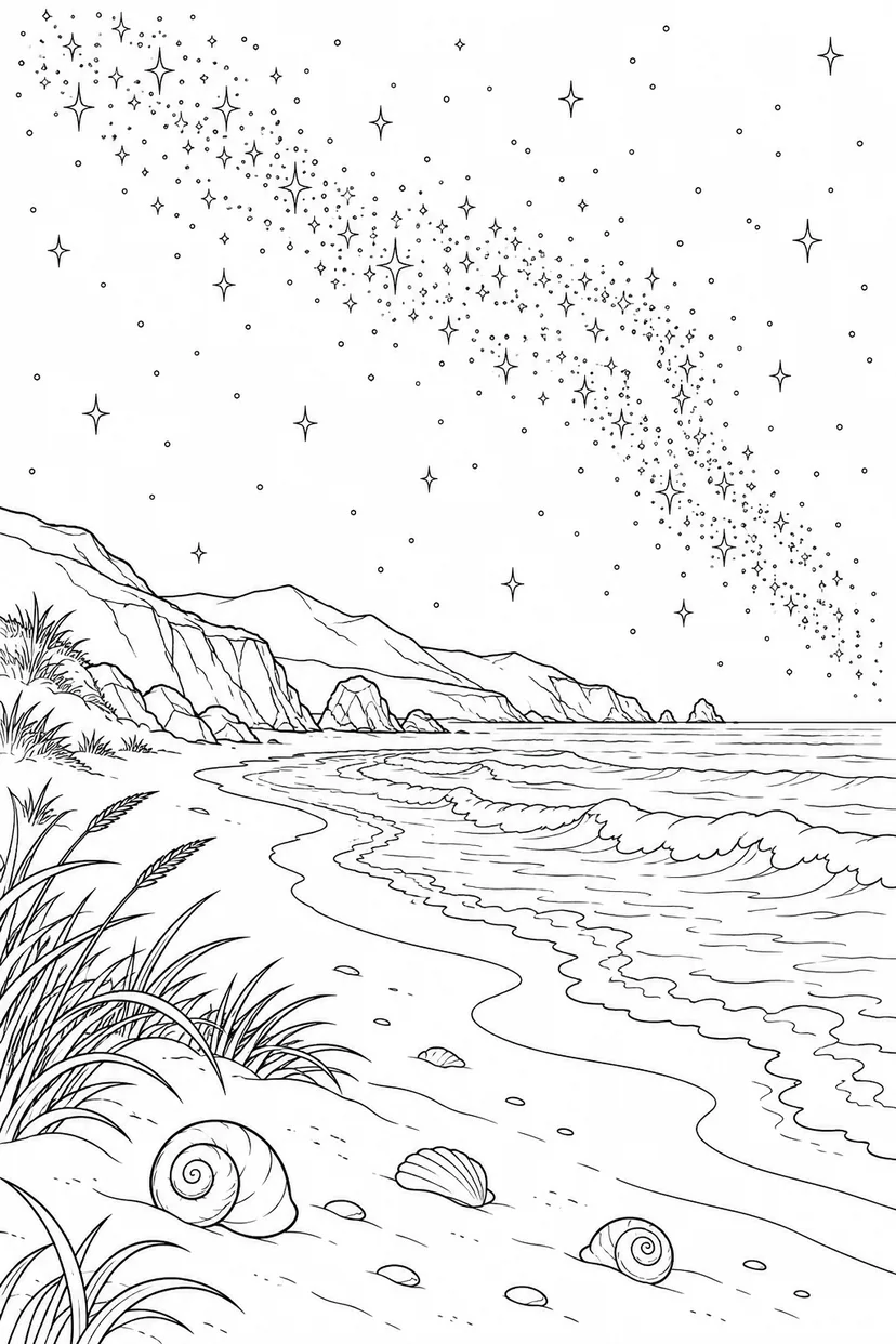 貝殻のある砂浜と天の川の塗り絵