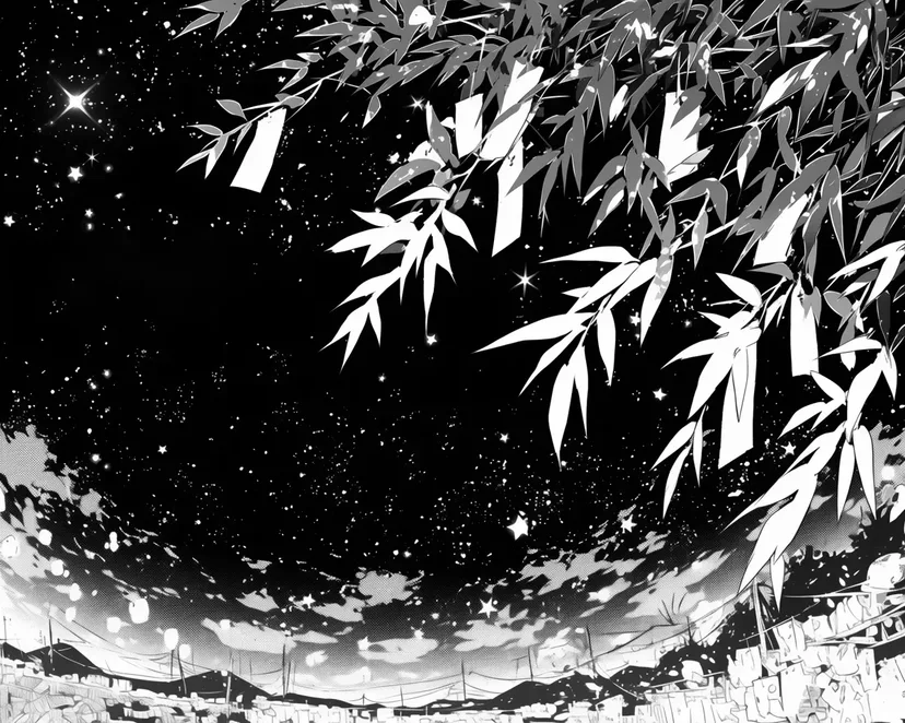 星空の下の短冊の塗り絵