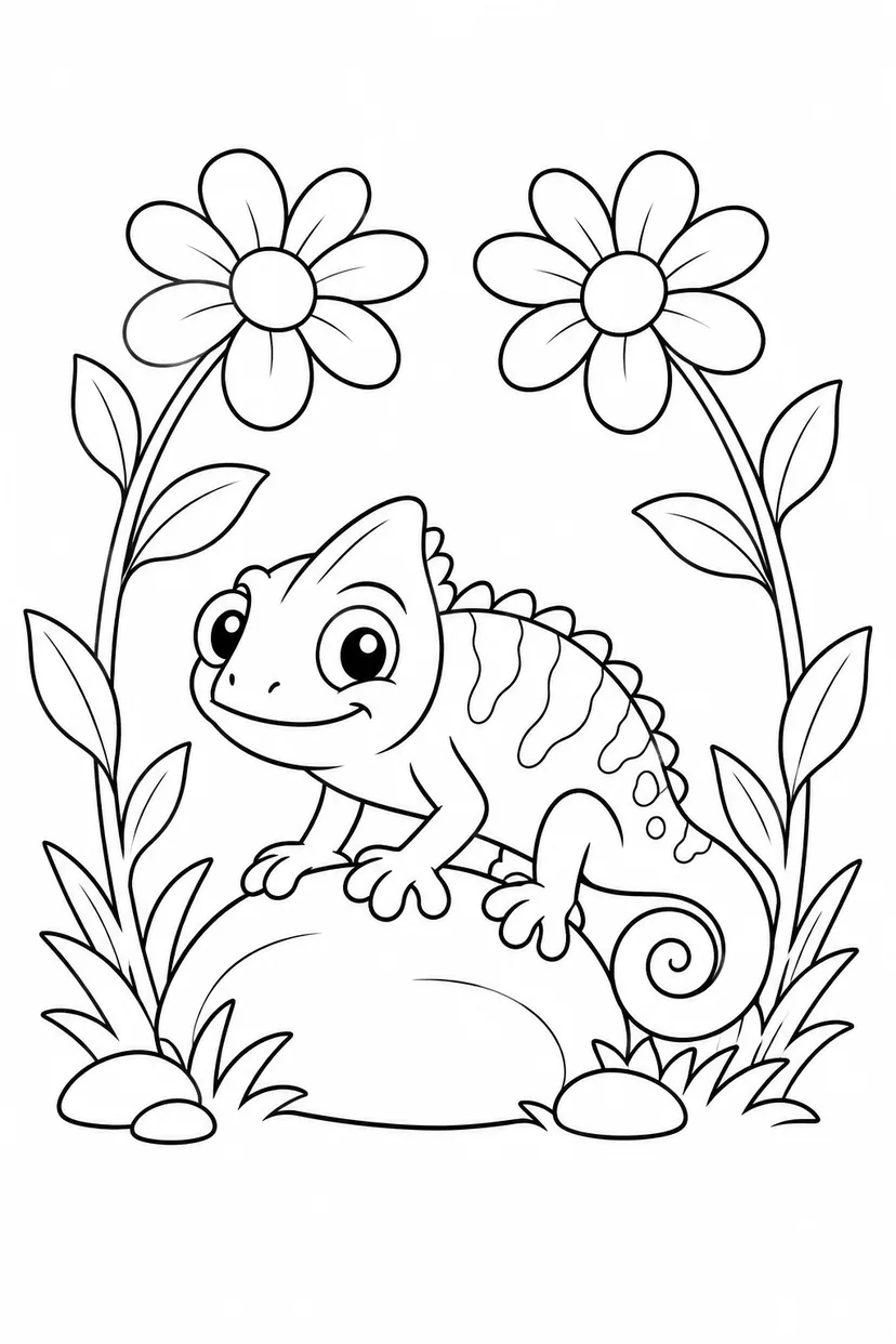 カメレオンと花のトンネルの塗り絵