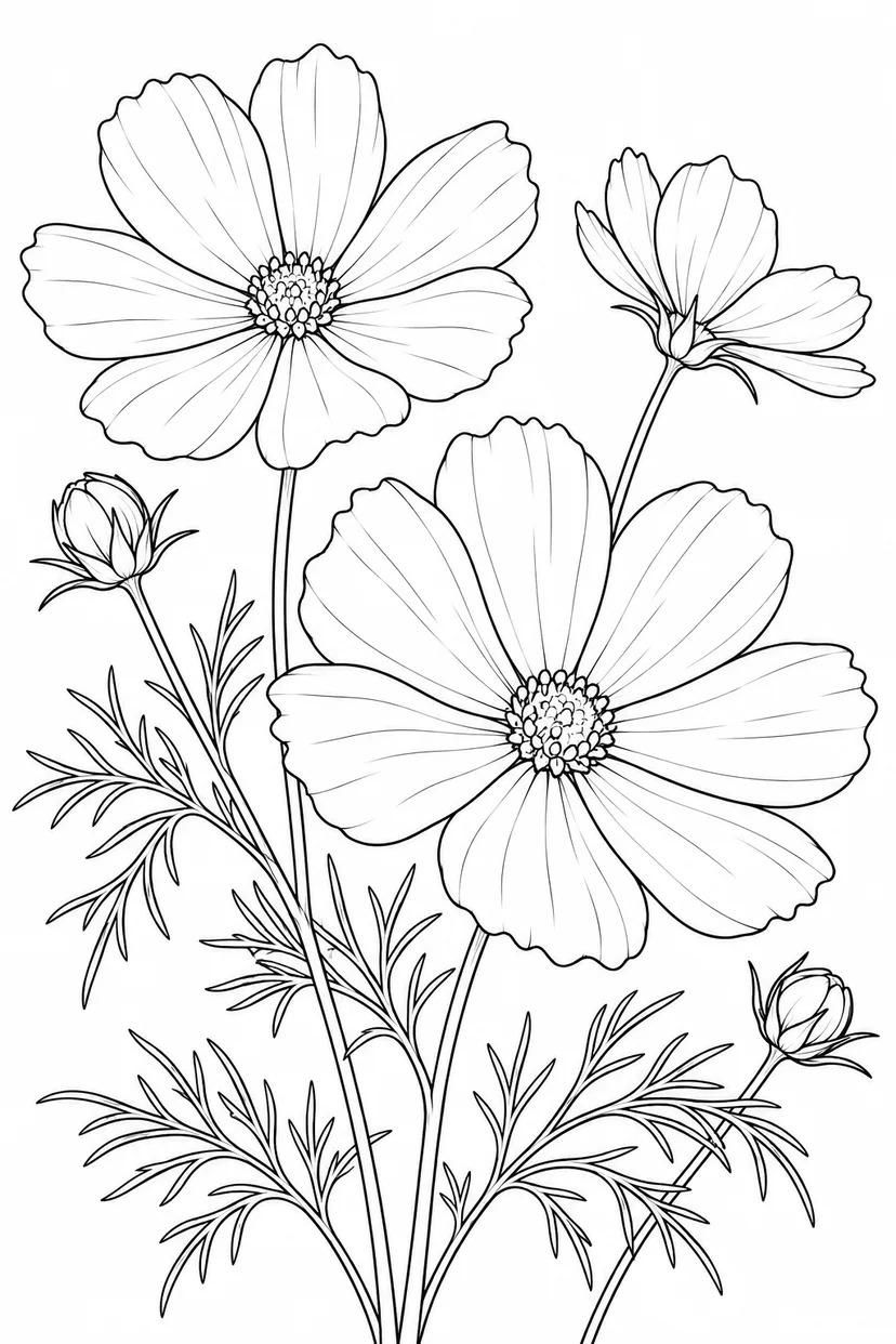 観察スケッチ：コスモスの花と細い葉の塗り絵