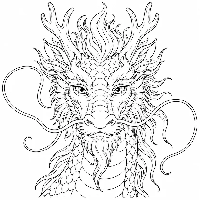 長いひげが流れる風の竜の塗り絵
