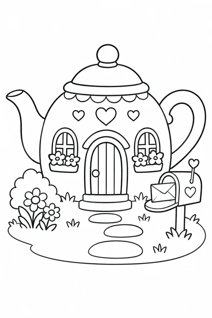 ティーポットのおうちの郵便受けの塗り絵