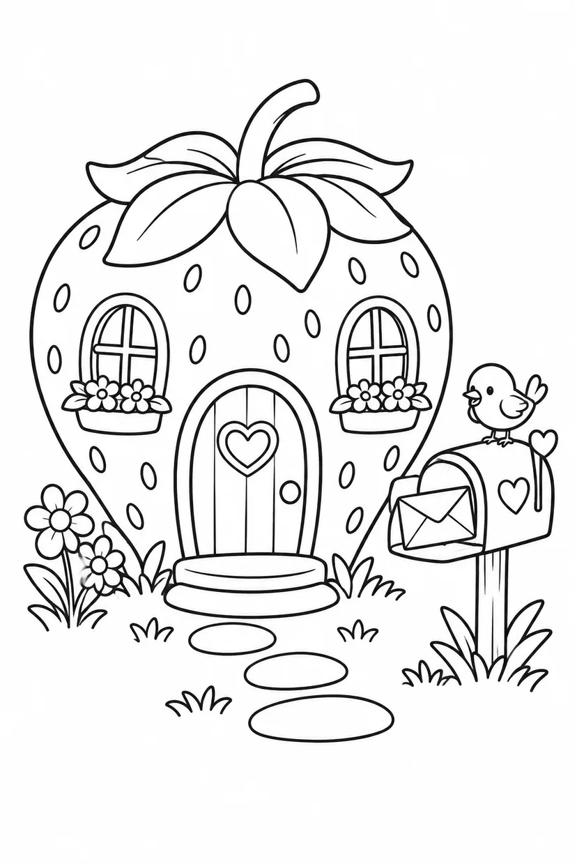 いちごのおうちの郵便受けの塗り絵