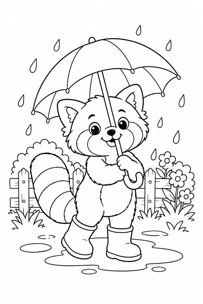 レッサーパンダの雨の日さんぽの塗り絵